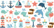 © Yevhenii creative - Cute ocean animals and nautical elements vector set, baby marine characters, ships, anchors and sea icons, colorful flat illustration for kids designs