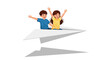 © Naima - Two happy children sitting on a flying paper airplane with outstretched arms against a clean white background.