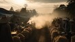 © SlotPoM - Crowded street market at sunrise shrouded in golden smoke