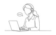 © GOLAPI - Single continuous line drawing of young confused call center worker answering phone call from talkative customer in front laptop.