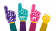 © naufal - Colorful graphic illustration showing four arms raising foam fingers with slogans like 'GO!' and '#1 FAN' against white, concept for fan support, sport event cheering and team enthusiasm advertising