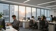 © Studicon - People working at computers in modern office with blurred background at sunset