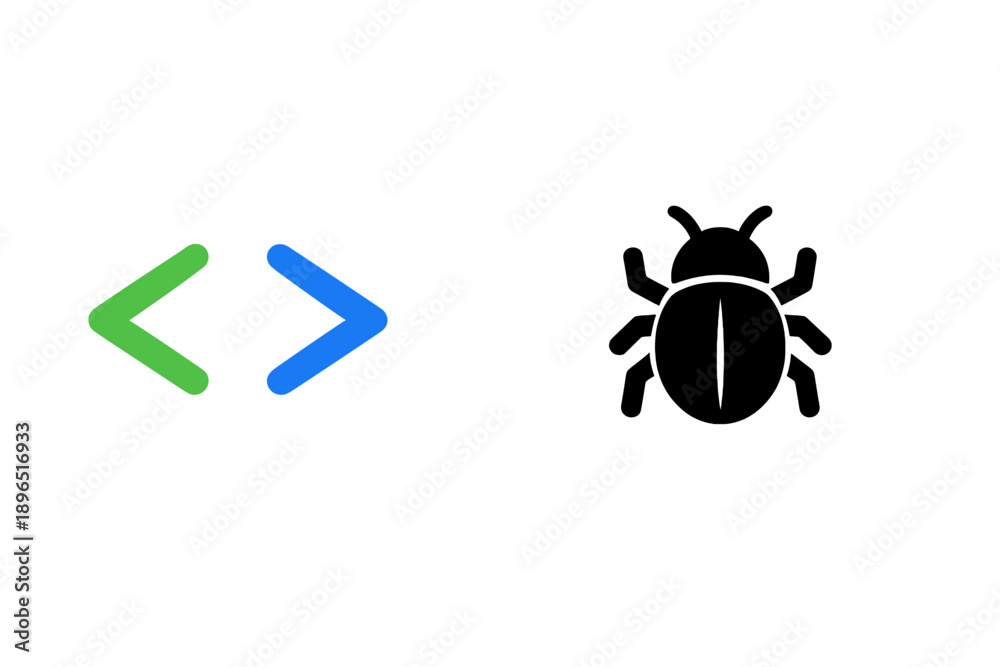 Two simple icons showing coding symbols and a bug symbol representing ...