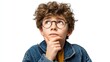© mila103 - Thoughtful caucasian young boy with curly hair and glasses pondering on white background.