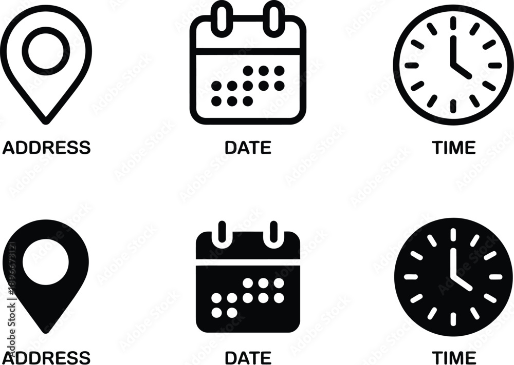 Address, date and time icons collection, location pin, calendar and ...