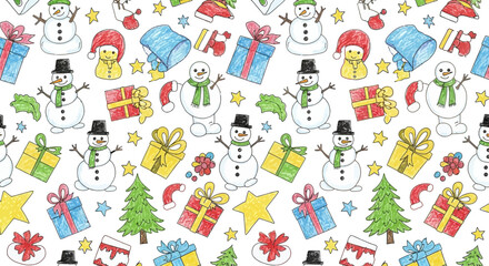 Naklejka na meble christmas seamless pattern of hand-drawn snowmen colorful gift boxes and festive stars on white ideal for holiday designs.