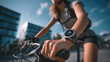 © Antto-AI - Focused female cyclist checking fitness tracker wrist watch riding bike in city street with determination healthy lifestyle training workout