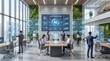 © esman - Business professionals interact with holographic artificial intelligence data screens while futuristic robots stand by in a modern.