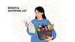 © Ripon - Mindful shopper checking her detailed grocery list while holding a basket full of healthy food, vegetables, and wine.