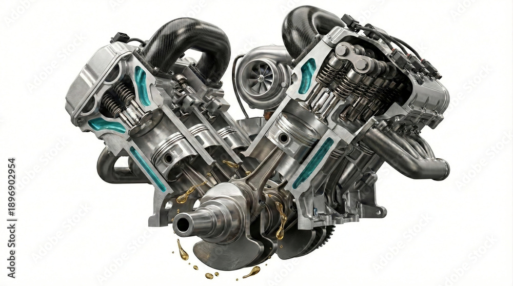 High Performance Twin-Turbocharged V8 Engine cutaway Displaying ...