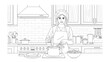 © Puspita - Detailed line drawing of a smiling woman in a chef hat and apron cooking in a modern kitchen with cabinets and stove.