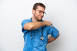 © luismolinero - Young surgeon doctor caucasian man isolated on white background suffering from pain in shoulder for having made an effort