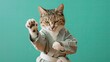 © Cherkasova Alie - A striped cat dressed in a karate uniform with a belt stands in a power stance on a green background.