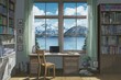 © Ifti Digital - Aesthetic anime workspace with a stunning view of mountains and lake, showcasing a desk, chair, and shelves filled with books in a serene setting