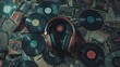 © aref - Nostalgic arrangement of vinyl records and headphones creating an atmosphere of music