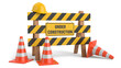 © Ali - A construction site with a yellow hard hat and traffic cones surrounding a sign that reads under construction