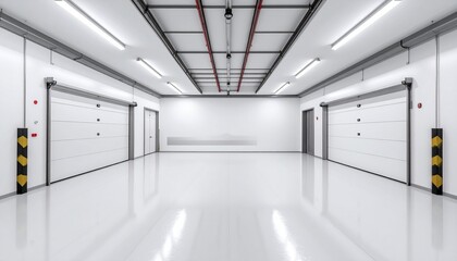  Empty industrial space for lease bright white warehouse with roller doors minimalist design and bright lights commercial property.