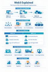 Naklejka na meble Clean educational infographic explaining Web3, internet evolution, decentralization, digital ownership, real-world use cases, and challenges.