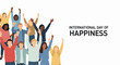 © Alena - Happy people celebrate with hands raised, expressing global unity. Many happy people show joy, solidarity for International Day of Happiness. Concept for awareness, well being, featuring happy people.