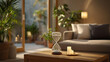 © forenna - A tranquil living room interior featuring an hourglass on an elegant coffee table, surrounded by candles and plants, reflecting a sense of serenity and the ongoing flow of time in everyday life.
