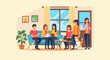 © kirik - Group gathers in a living room with plants, pets, and artwork