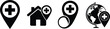 © Sagor - Medical location pin icons set with cross symbol house and globe for healthcare facility mapping hospital wayfinding and global medical services.