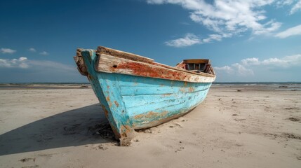 Naklejka na meble Weathered blue boat on sandy beach under clear blue sky.