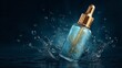 © Ammad - Glass cosmetic serum dropper bottle with blue liquid and gold inclusions splashing dynamically into dark water, capturing dramatic liquid movement and high-end beauty product advertising concepts.
