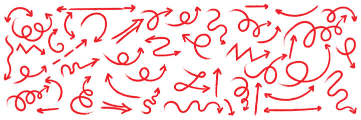  Crayon arrow sketches collection in hand drawn doodle style, pointers, curved lines and round swirls, chaotic scribbling, artistic design elements set, black grunge brush strokes isolated on white bg