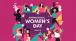 © Hasnain - International women's day poster with diverse women and colorful geometric shapes on pink background