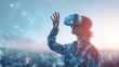 © mila103 - Young caucasian male experiencing virtual reality outdoors with headset at sunset.