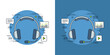 © NezukoArt - A customer service representative wearing headphones is working on a computer with various graphics and charts surrounding them in a modern office setting from a top-down viewpoint