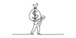 © Continues One Line D - Continuous line drawing of a person walking while carrying a heavy money bag on their back Vector, illustration