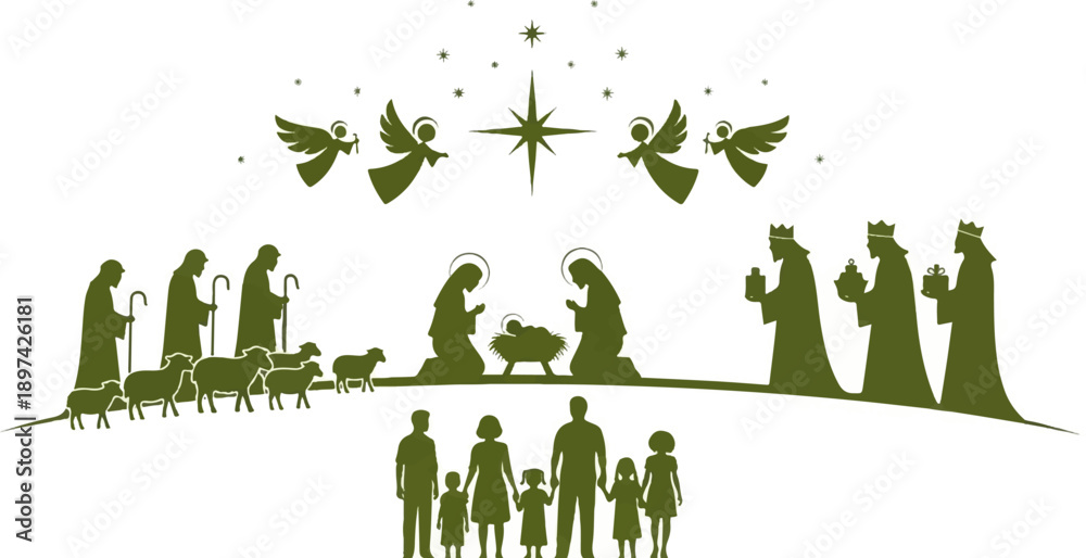Nativity scene with shepherds, wise men, angels, and a modern family ...
