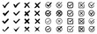 © dlyastokiv - Check tick mark icon set, hand drawn cross box x check mark checkbox v, sketch marker checklist symbol right and wrong set, brush marker checklist symbol, Hand drawn doodle vote yes no