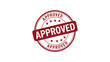 © VectAmaze - approved red rubber stamp badge with stars, official confirmation label for business, quality control, document verification and authorization use