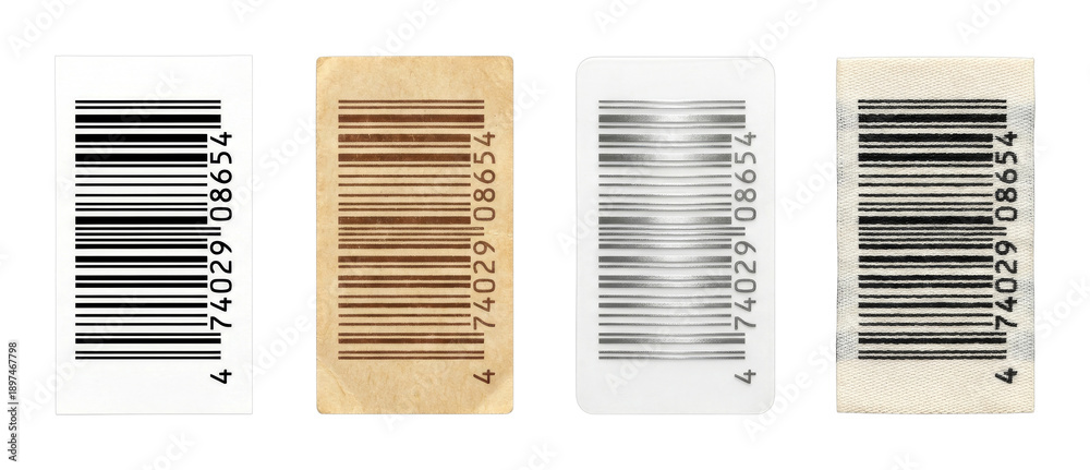 Four different barcode labels displaying product identification codes ...