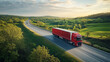 © Евгений Архипов - A red semi-truck moving through a lush rural landscape, long highway stretching into the distance, minimal traffic, clean commercial realism
