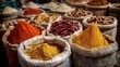 © PinkiePie - Traditional spices in sacks at a bazaar, vibrant colors (turmeric, paprika), travel texture