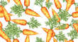 © Erna - Watercolor pattern of vibrant orange carrots with green leafy tops on a white background
