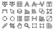 © Roky Roy - Comprehensive Vector Line Icon Set of 24 Graphic Design and Typography Tools Including Pen Tool, Anchor Points, Grid, Font, Kerning, Layers, Alignment, Shapes, Scaling, Eyedropper, and Crop Tool.