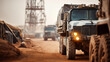 © Laura - Close-up supply truck being unloaded near military tents, defocused desert base with communication tower towering, logistics operation highlighting, tactical support, with copy