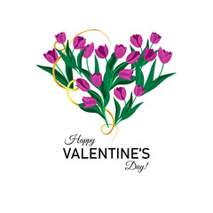  Heart-shaped tulips. Valentine's Day. Vector illustration. Valentine's Day gift card with tulips.