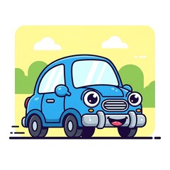  Smiling blue cartoon car driving fast.
