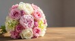 © Wasana - Beautiful bouquet of delicate pink and white garden flowers resting on a wooden table illuminated by soft, warm morning sunlight, beautiful, charming, delightful