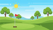 © raharjo007 - A cartoon illustration of a sunny golf course with green hills, trees, a putting green, flagstick, and hole under a blue sky.