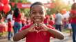 © Jian - National Wear Red Day African American boy making heart gesture at celebration event for heart health awareness campaign poster materials