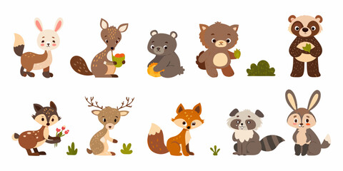  Cartoon illustration of various forest animals including rabbits deer and bears