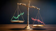 © Hasina Akter - A brass balance scale with green and red stock market graphs on a wooden table in a dark room with a spotlight shining down
