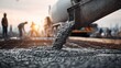 © Piers - Concrete truck pouring fresh cement over rebar, construction workers in background